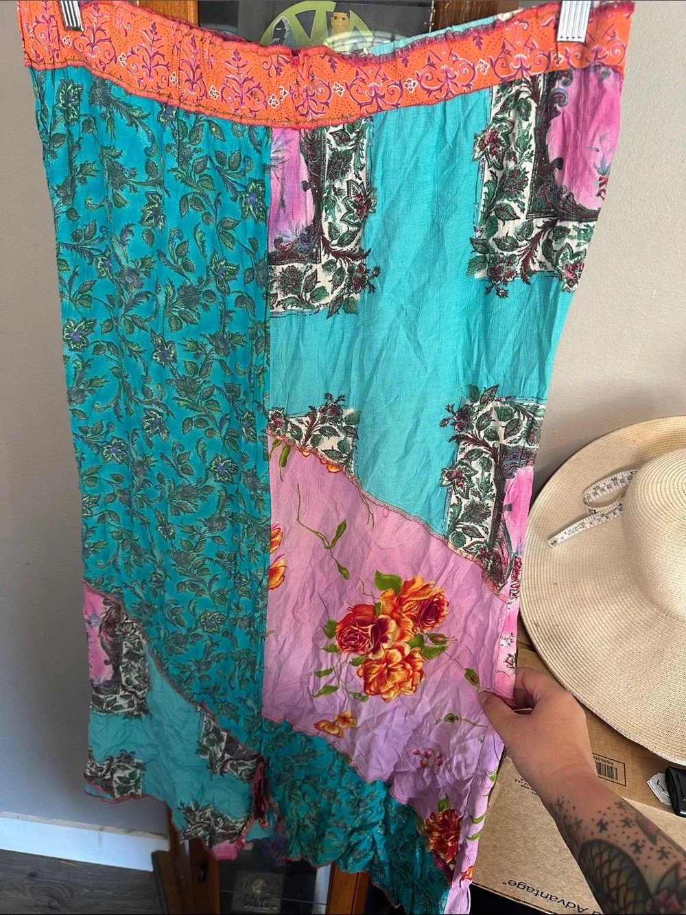 Bohemian Patchwork Floral Maxi Skirt - Turquoise & Pink